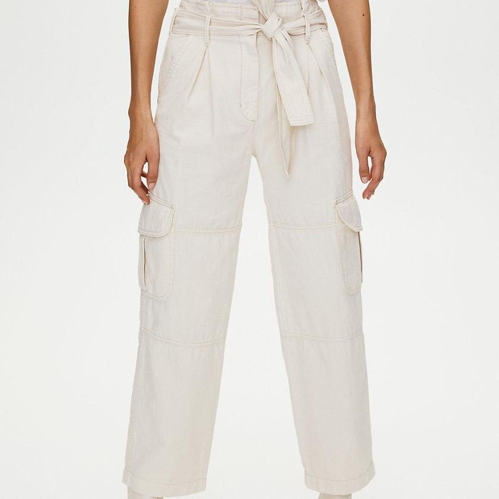 Wilfred Free Aritzia Nova Cargo Pants Cream Cotton Linen Paperbag Waist Size 6